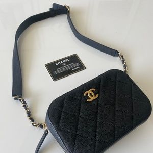 CHANEL BLACK CAVIAR WAIST CAMERA MINI BAG/  FANNY PACK
